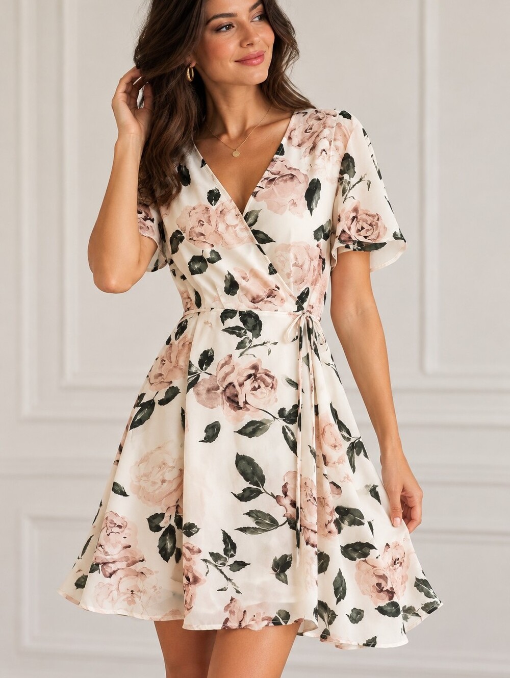 Dynamite Cream Floral Tie-Waist Mini Dress